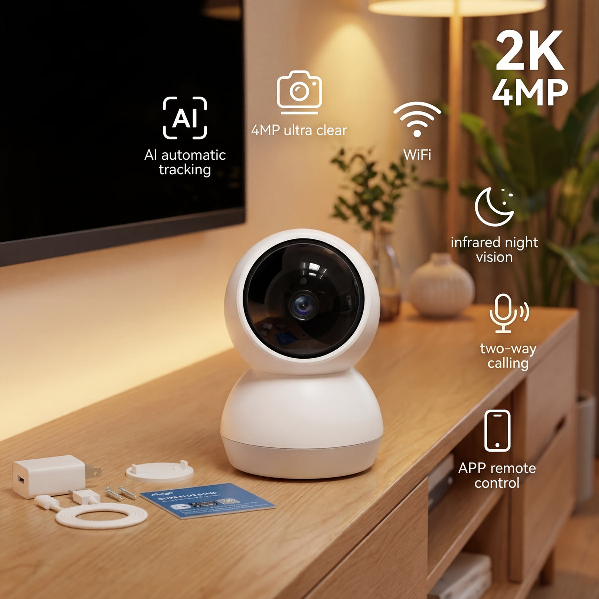 2K WiFi Indoor Security Camera with AI Motion Alerts, Night Vision, Two-Way Audio, 2.4G/5G Connectivity and Smartphone Monitoring for Home or Nursery