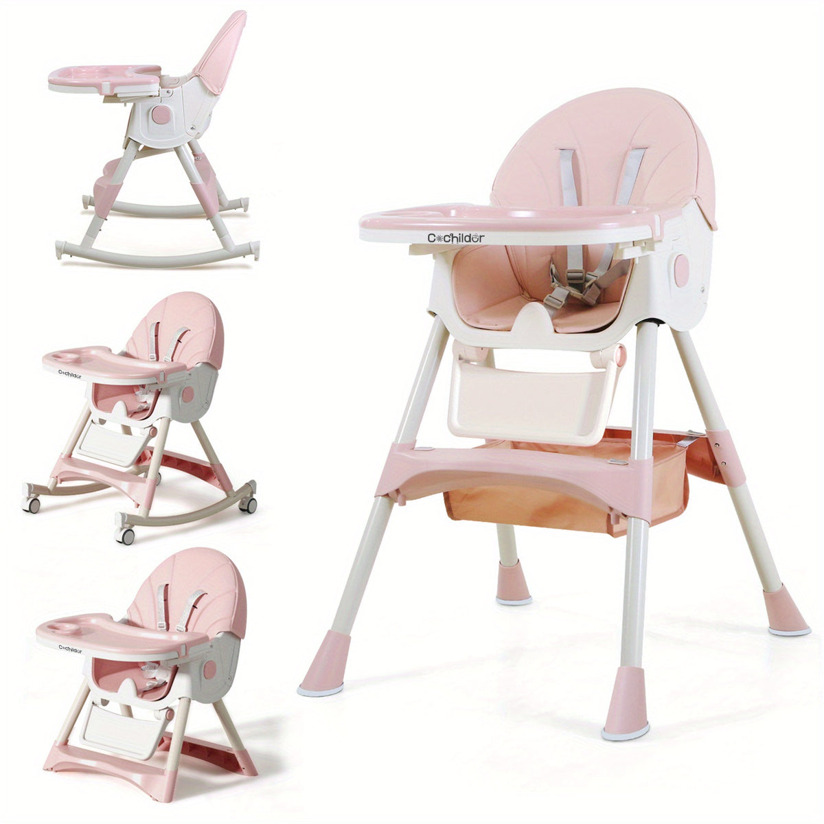Adjustable Baby Dining Chair with Tray, Convertible Folding High Chair with Multi-Position Backrest and 5-Point Harness for Home Meals and Outings