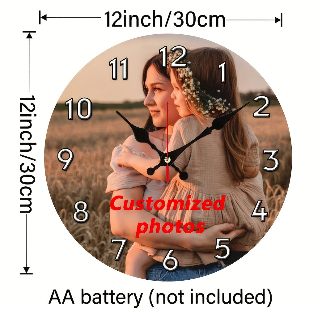 Personalized Nursery Photo Wall Clock with Silent Non-Ticking Design, Round 12-Inch Custom Picture Display and Wood Frame for Baby Room Decor