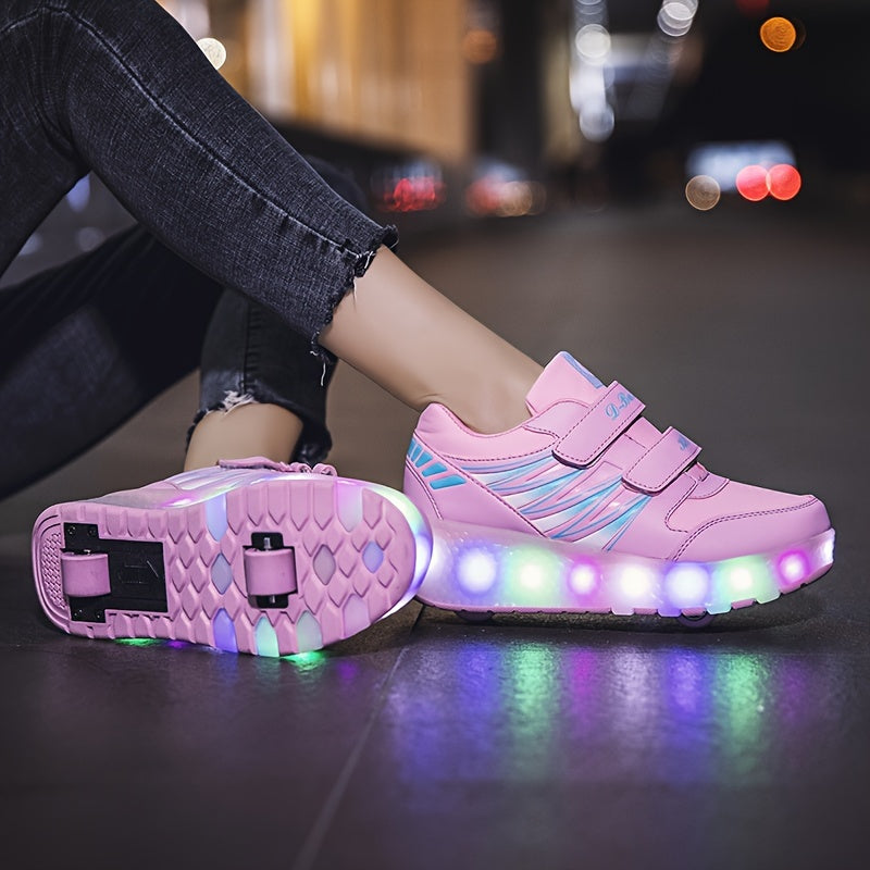 Kids Two-Wheel Roller Shoes with Flashing Lights, Pink Wheeled Sneakers for Boys and Girls in Toddler, Little Kid and Big Kid Sizes