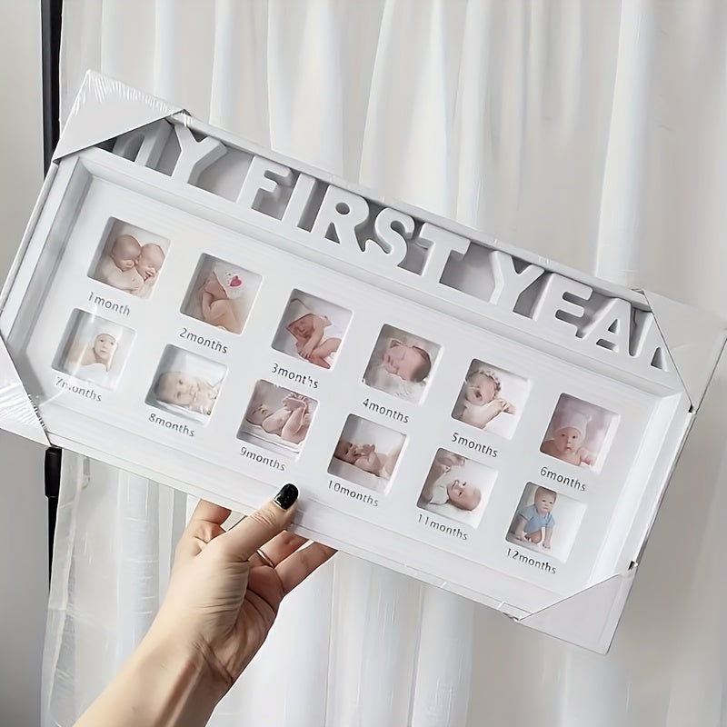 12-Month Baby Milestone Photo Frame in White, Neutral First-Year Picture Display and Keepsake Sign for First Birthday or Baby Shower Gifts