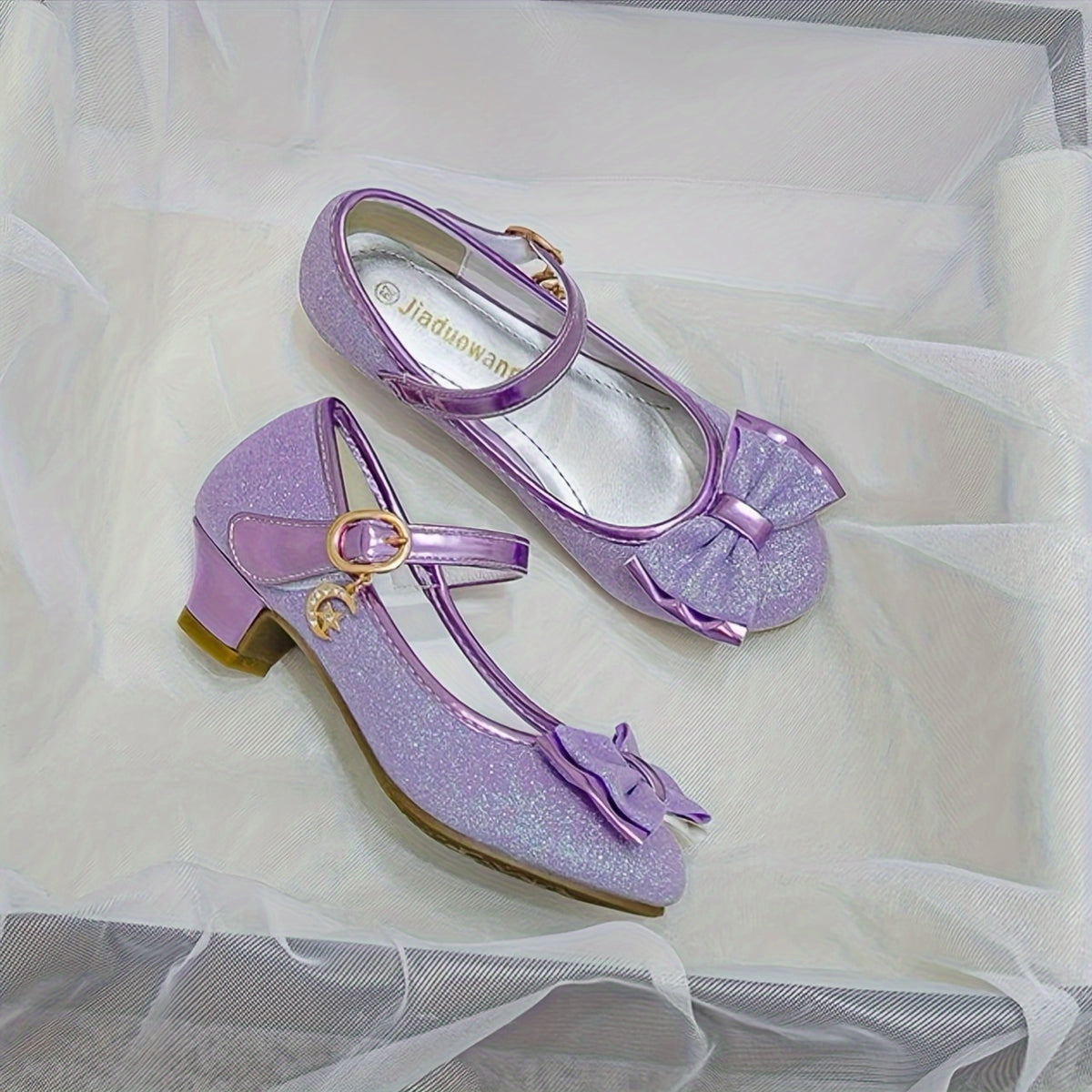 Girls Low Heel Mary Jane Shoes with Bow and Flower Details, Round-Toe Cushioned Dress Shoes in Blue or Purple for Toddler to Big Kid Parties and Weddings