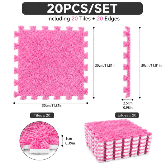 Interlocking Foam Puzzle Floor Mat Set, 20 Soft Plush Baby Tiles with 20 Edge Trims for Crawling, Nursery Play Areas, Bedrooms and Living Rooms