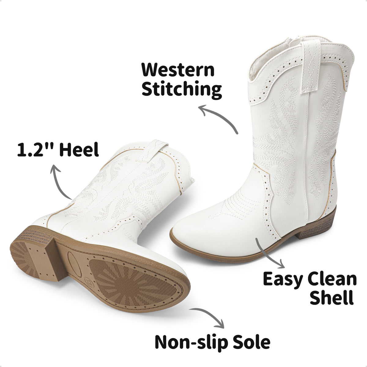 Girls' Western Riding Boots with Mid-Calf Style, Cowgirl-Cowboy Shoes in Pink, White or Dark Brown for Toddler, Little Kid & Big Kid Sizes