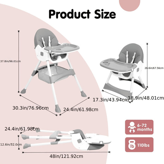7-in-1 Convertible High Chair by Aprpink, Adjustable Folding Baby Feeding Seat with Dual-Layer Tray, Wipeable PU Cushion and 5-Point Harness