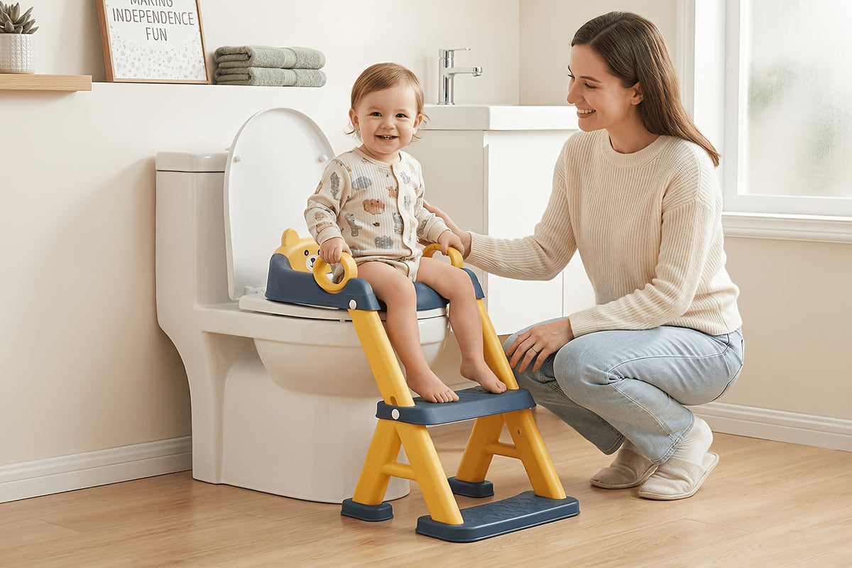 Toddler Potty Training Seat with Non-Slip Step Stool, 2-in-1 Toilet Seat for Boys and Girls with PVC Mat and Cleaning Brush, Blue Pink or Gray