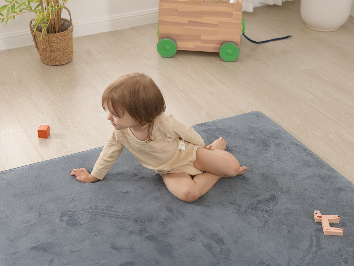 Memory Foam Floor Mat for Baby Crawling, 1.1-Inch Coral Velvet Cushioned Rug with Non-Slip Backing, Gray Tatami-Style Mat in Four Sizes