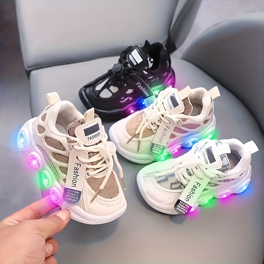 Color-Changing LED Toddler Shoes with Cartoon Design, Light-Up Kids Sneakers in Black or White for Boys and Girls, US Toddler and Little Kid Sizes