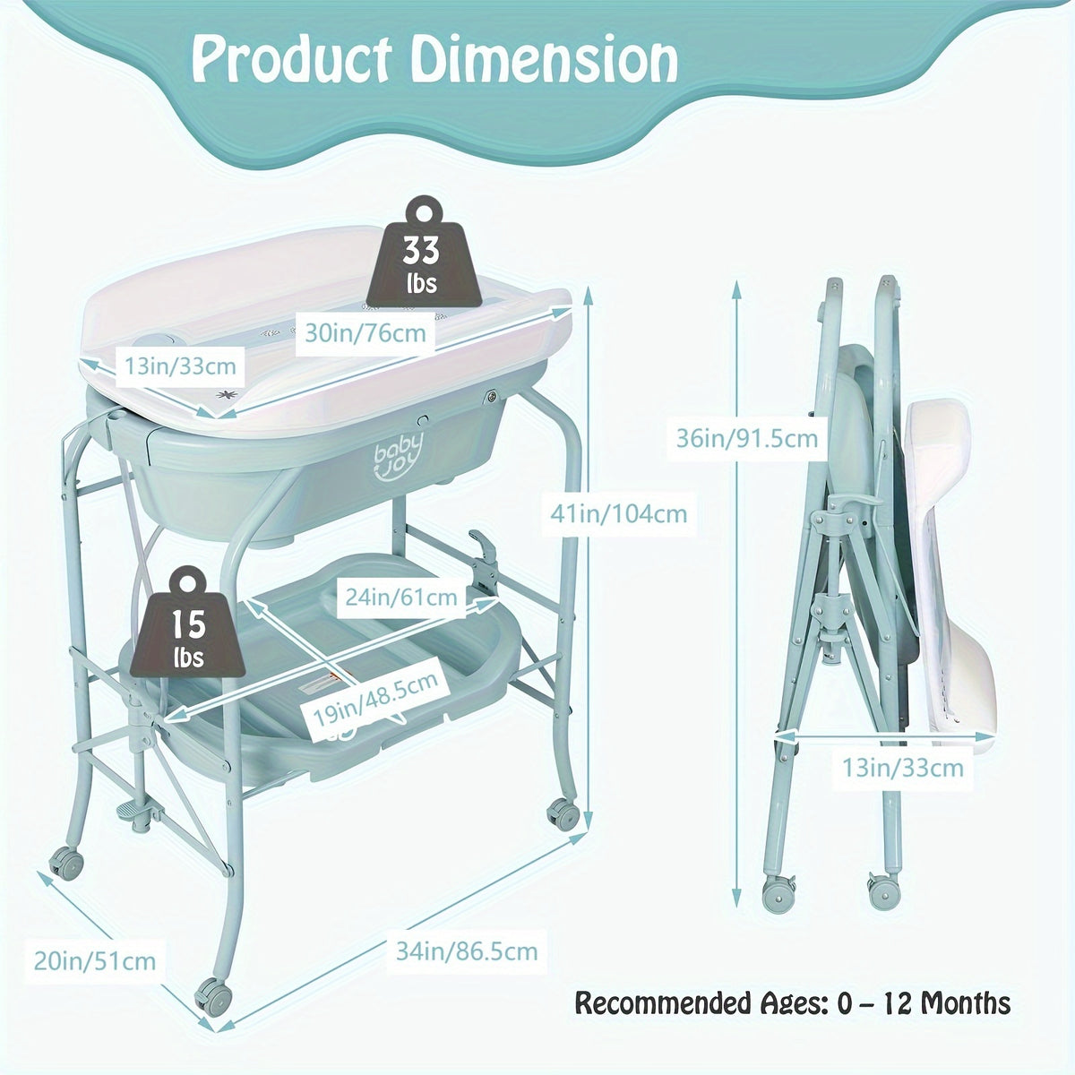 Folding Baby Changing Table with Bathtub and Wheels, Portable Diaper Station and Storage Shelf for Infants 0-12 Months, Space-Saving Rolling Nursery Cart with Weight Capacity, Blue