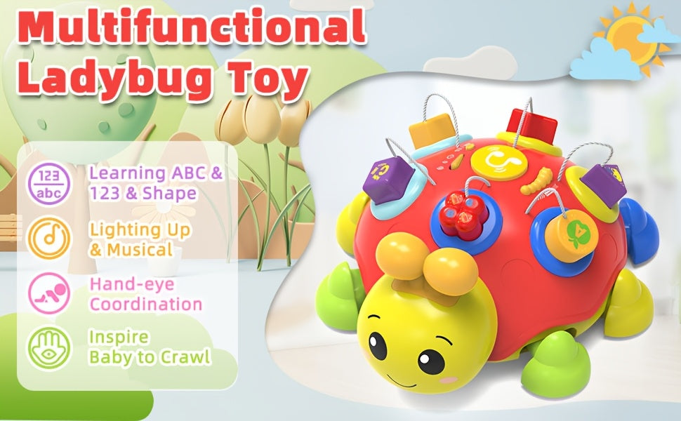 Musical Ladybug Crawling Toy with Lights, ABC, Numbers and Shapes Activities, Red Interactive Baby Floor Play Toy, Batteries Not Included