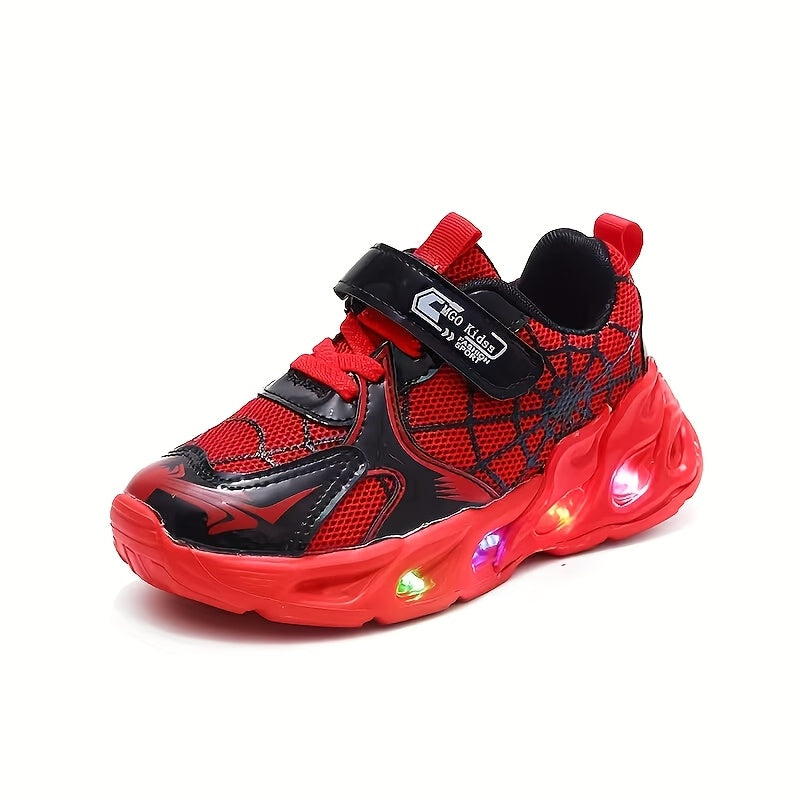 Kids Light-Up Spider Web Sneakers with Breathable Mesh Upper, LED Flashing Athletic Shoes for Boys and Girls in Red or Blue for Everyday Wear