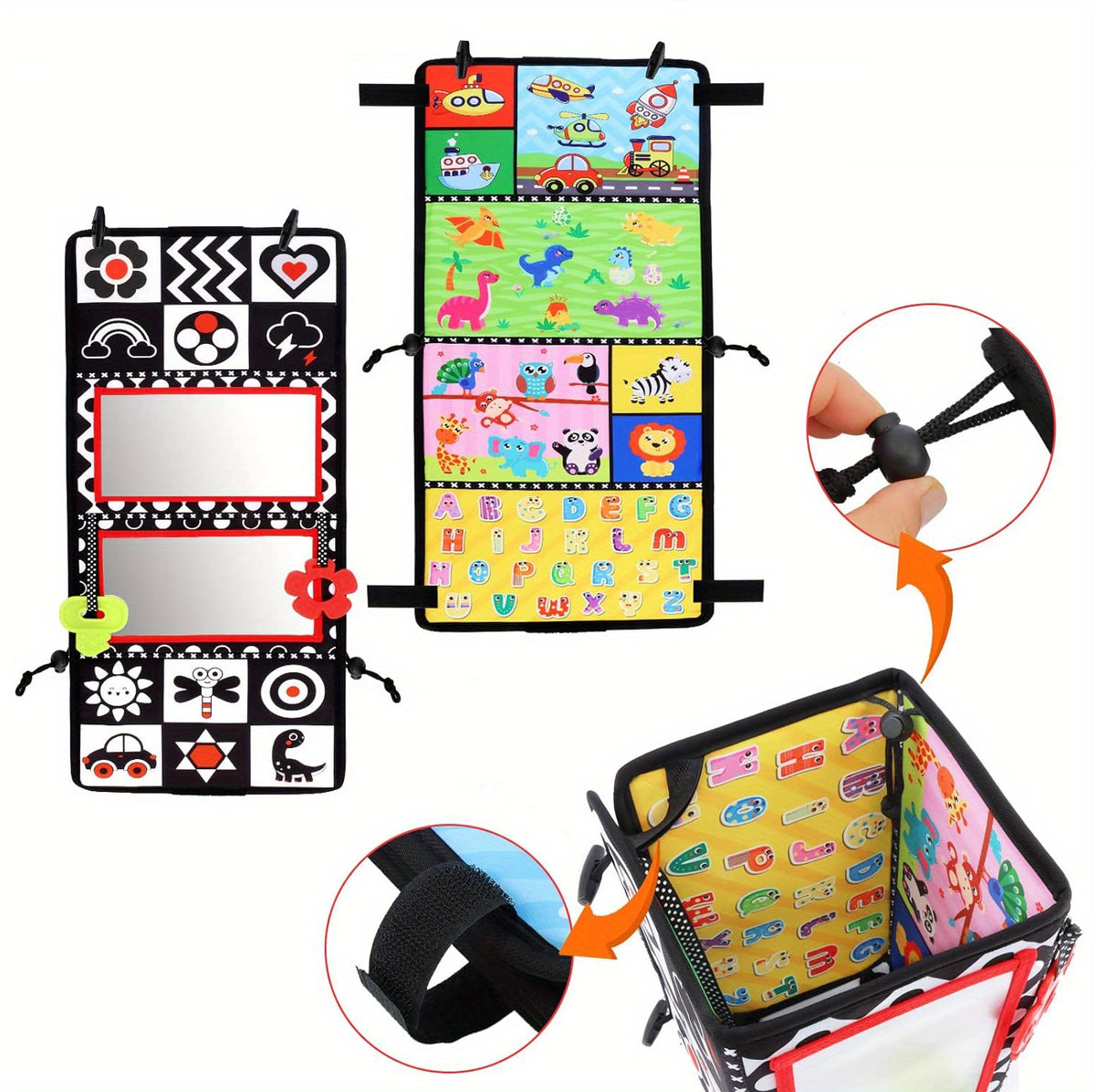 Tummy Time Baby Mirror with Teethers, Double-Sided High-Contrast Animal and Geometric Activity Toy for Supervised Sensory Floor Play