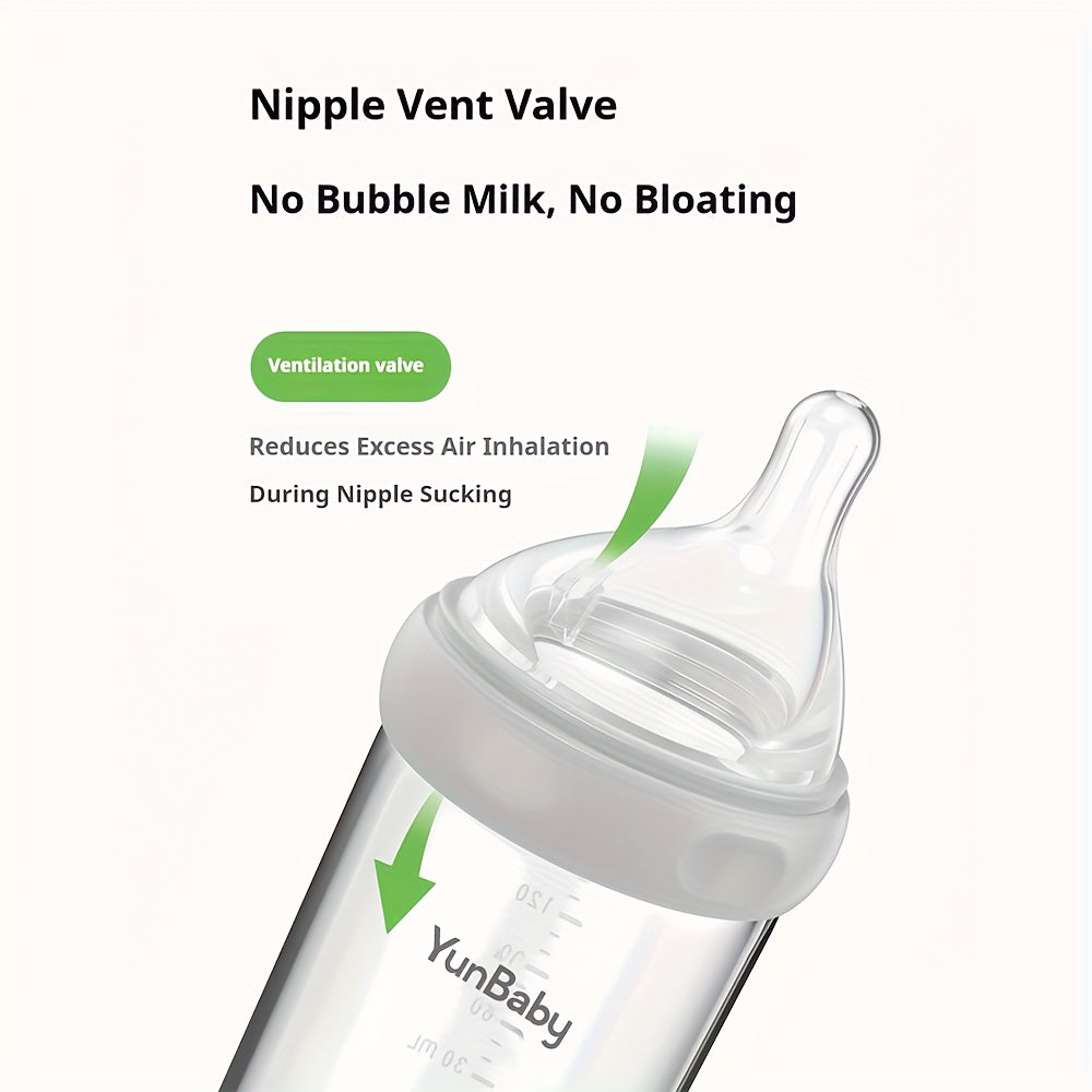 Slow Flow Glass Baby Bottles by YunBaby, 180 mL White Feeding Bottles with Listed Natural Rubber Nipples, Newborn 0+ Label and 1–6 Pack Options