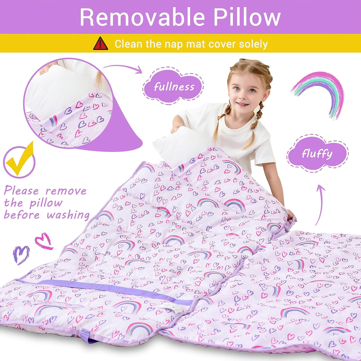 Kids Nap Mat with Pillow and Blanket for Preschool Daycare, Roll-Up Slumber Mat for Boys and Girls, Colorful Prints for Travel and Rest Time