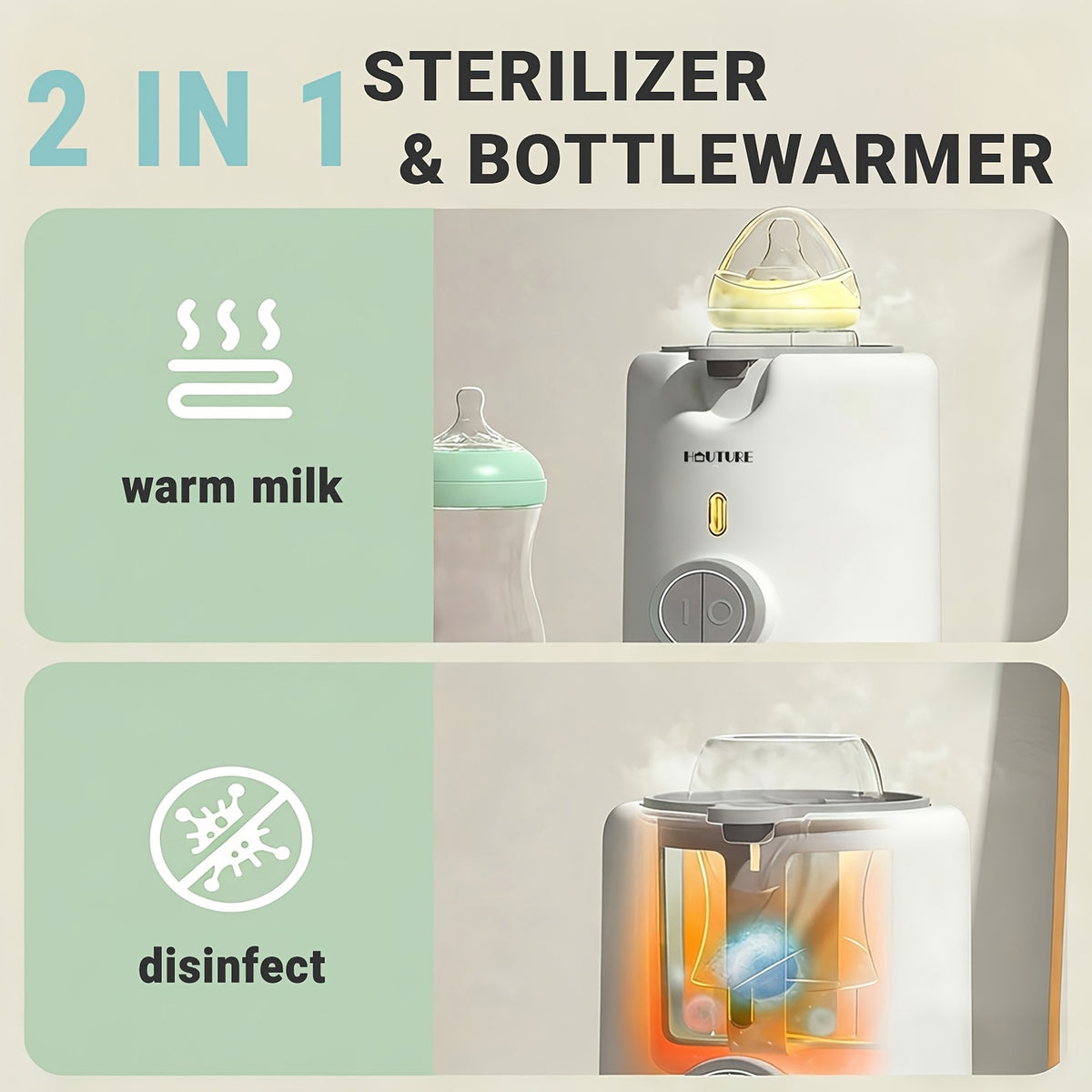3-Minute Baby Bottle Warmer & Steam Sterilizer with Anti-Dry-Burn Protection and Automatic Shut-Off for Convenient Daily Bottle Preparation