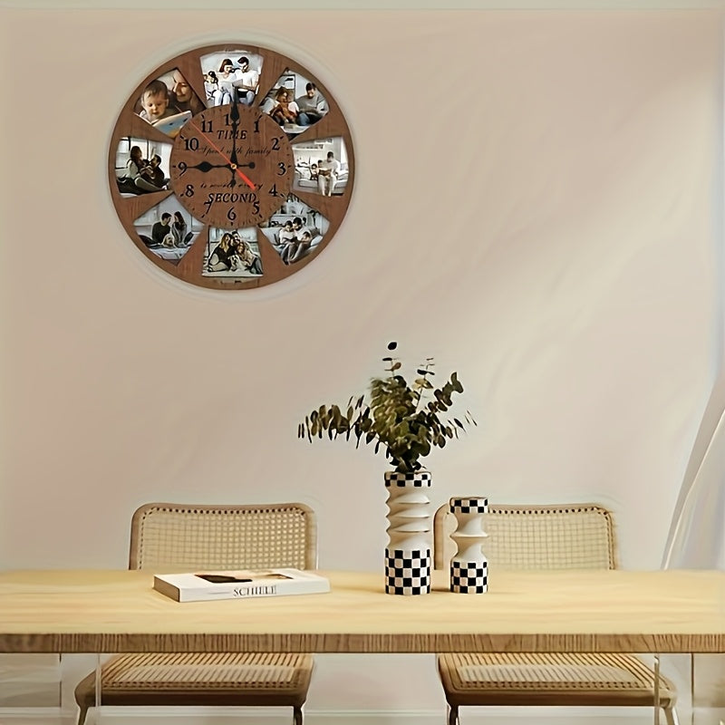 Custom Photo Collage Nursery Wall Clock with Round Wood-Grain Look, Personalized Battery-Operated Room Decor in 9.9 or 11.9 Inch Sizes