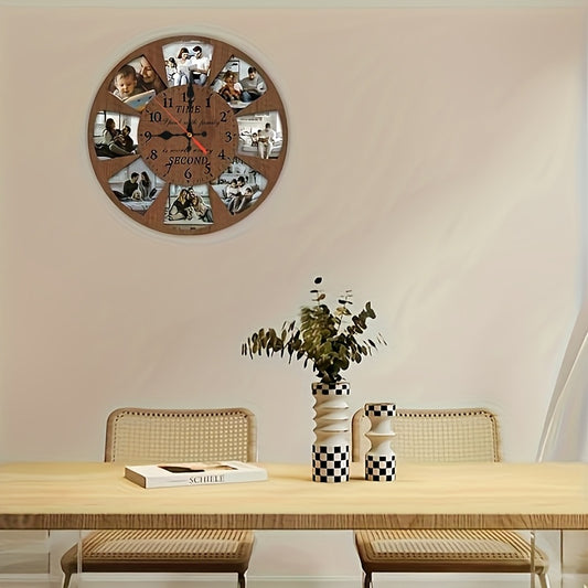 Custom Photo Collage Nursery Wall Clock with Round Wood-Grain Look, Personalized Battery-Operated Room Decor in 9.9 or 11.9 Inch Sizes