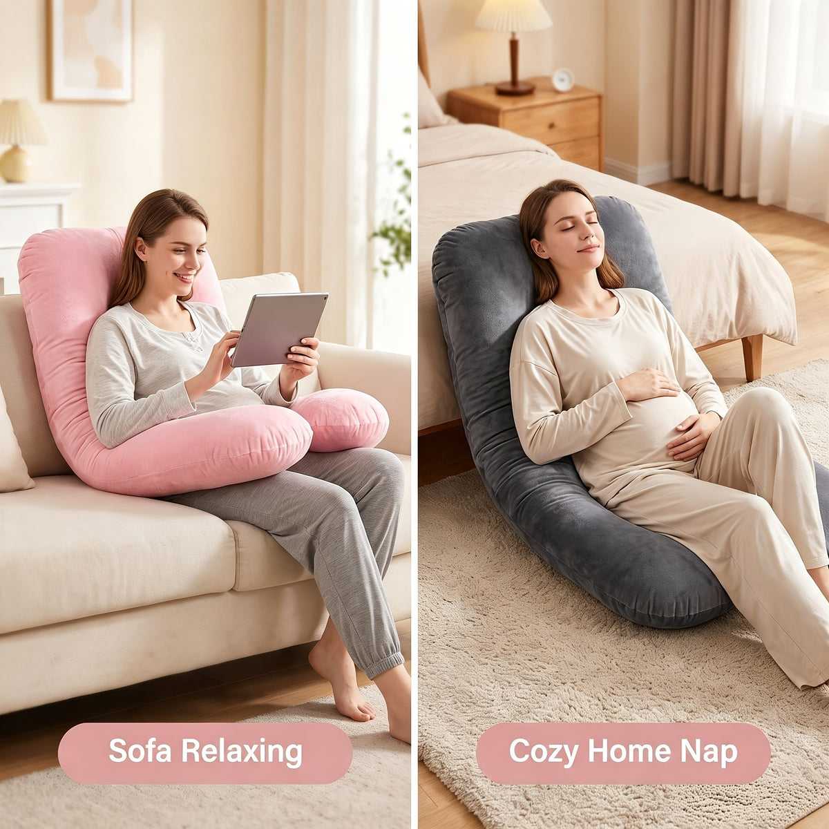 Memory Foam Pregnancy Pillow, 55-Inch U-Shaped Full Body Maternity Cushion with Adjustable Fill and Washable Flannel Cover for Side Sleepers
