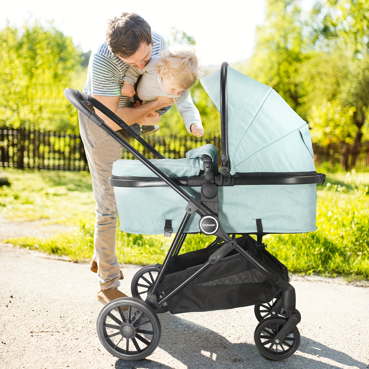 Reversible Baby Stroller with Parent-Facing and World-Facing Modes, Bassinet Configuration, Canopy and Storage Basket for Family Outings