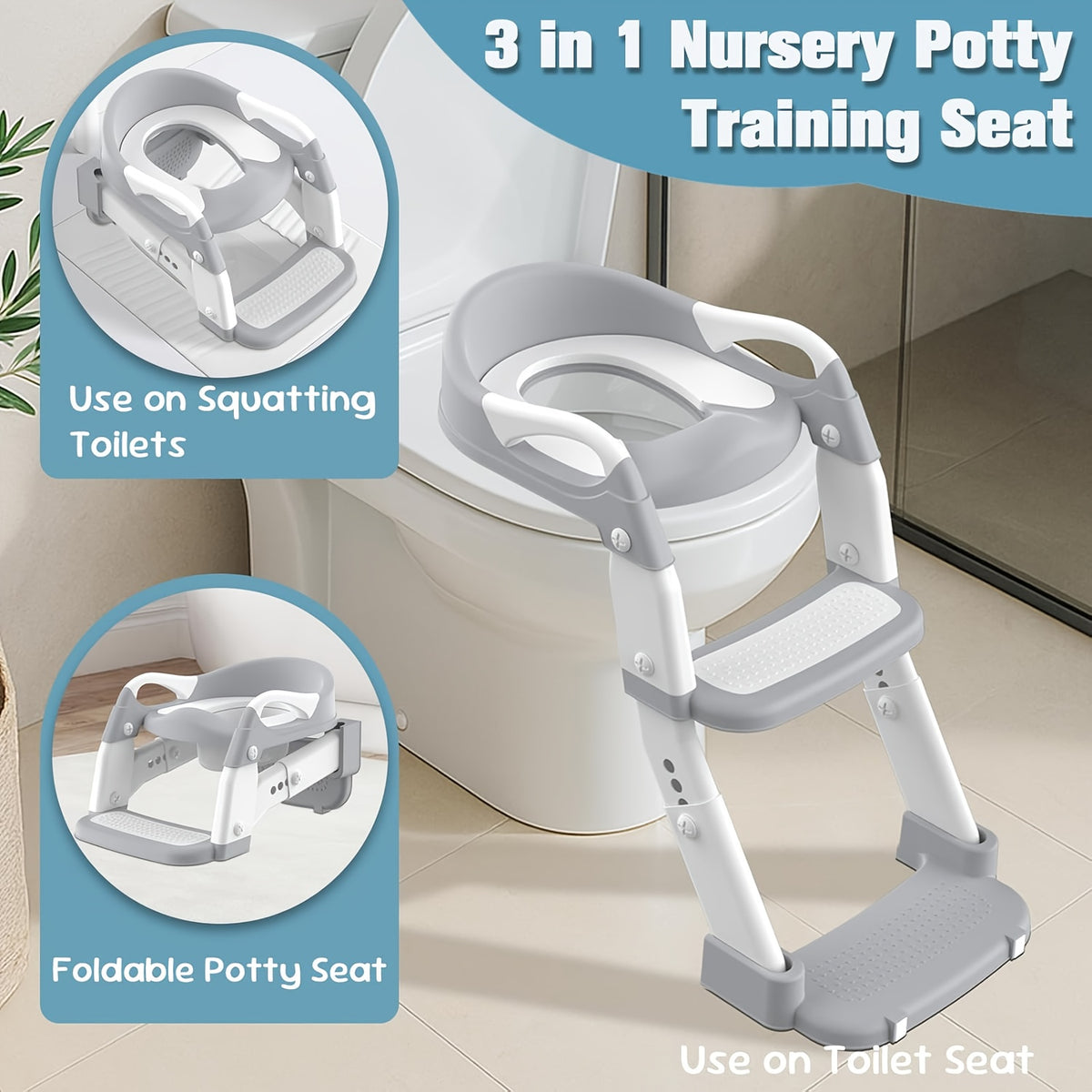 Toddler Potty Seat with Safety Harness, 3-in-1 Foldable Portable Toilet Trainer and Adjustable Step Stool for Boys and Girls