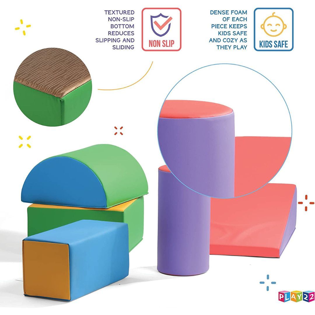 Toddler Foam Climbing Blocks, 5-Piece Play22USA Soft Climb-and-Crawl Set with Non-Slip Bottoms and Wipe-Clean Shapes for Active Play