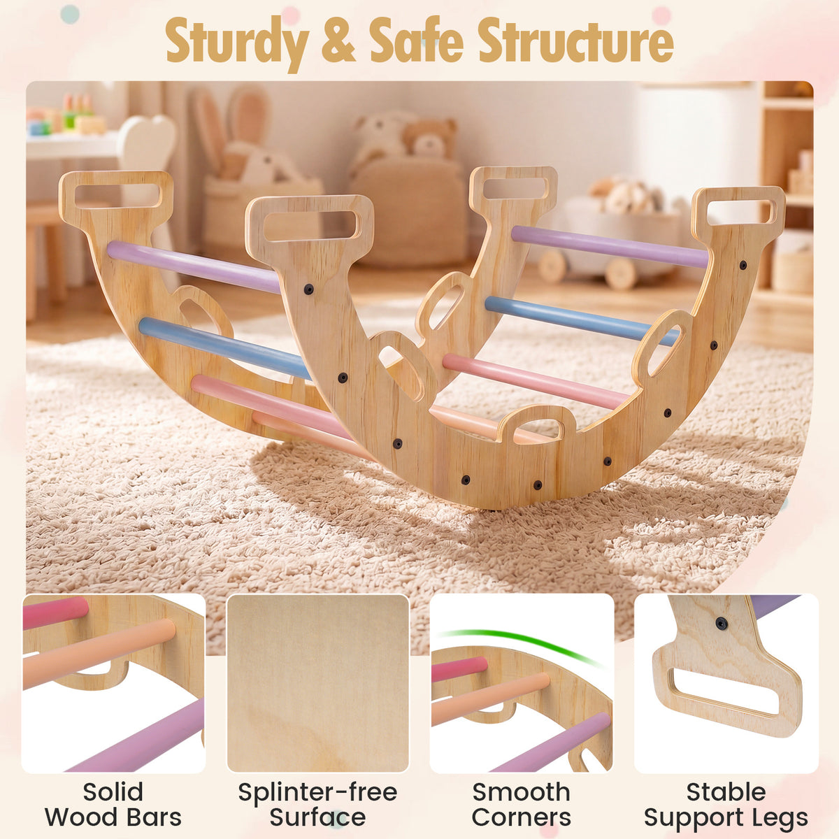 Toddler Climbing Arch and Rocker with Cushion, 3-in-1 Wooden Indoor Play Gym and Crawling Tunnel for Ages 1+, 81 cm Arch with Natural, Macaron or Multicolor Options