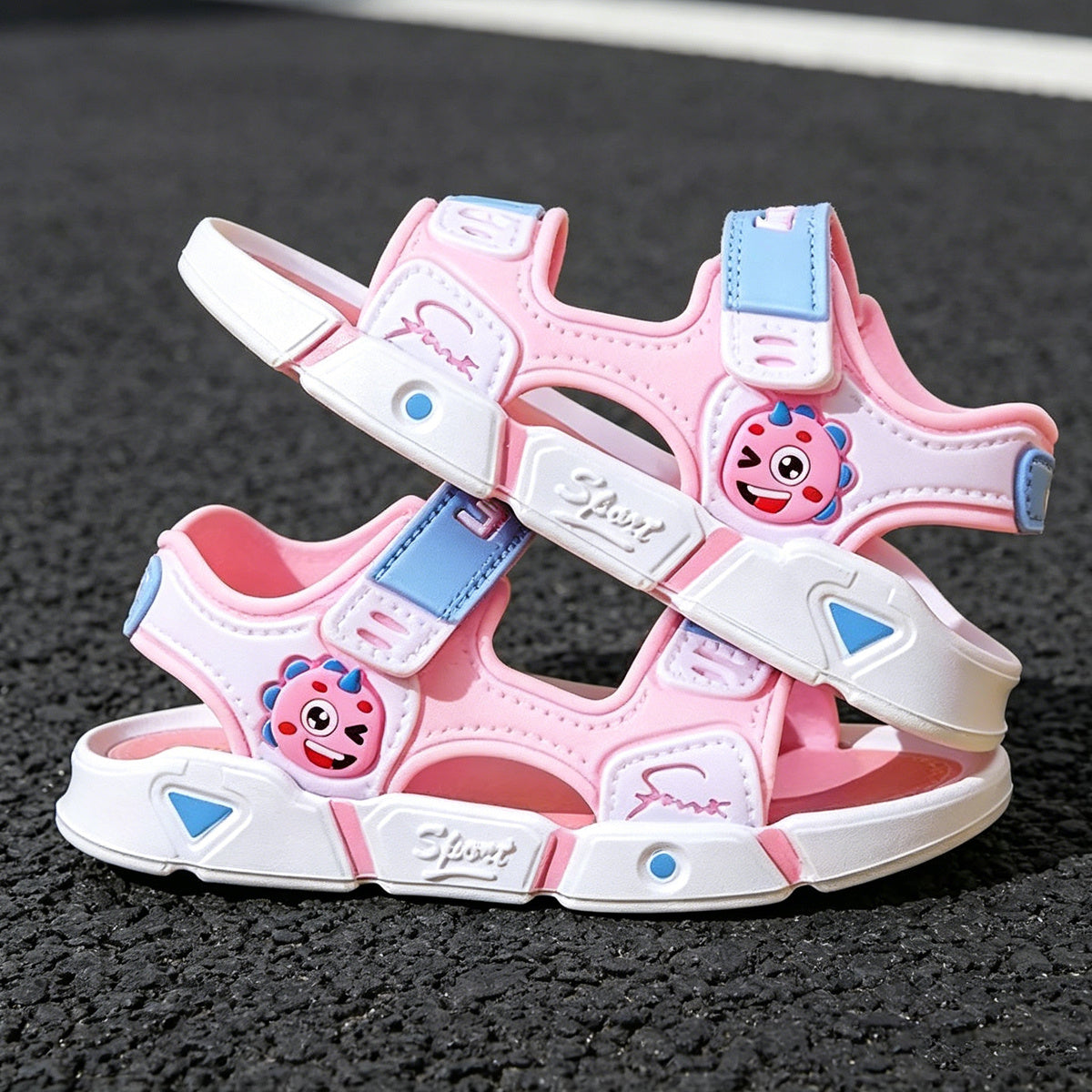 Kids Colorblock Summer Sandals with Two Adjustable Straps, Lightweight Open-Toe Shoes with Soft Elastic Soles for Boys and Girls in Pink, Khaki or Sky Blue