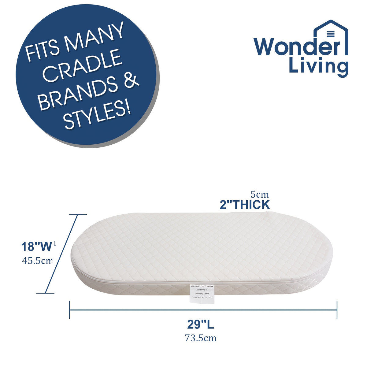 Bassinet Mattress Oval Foam with Removable Waterproof Cover, Baby Cradle Mattress in 15 x 30, 18 x 29 or 20 x 33 Inch Size Options