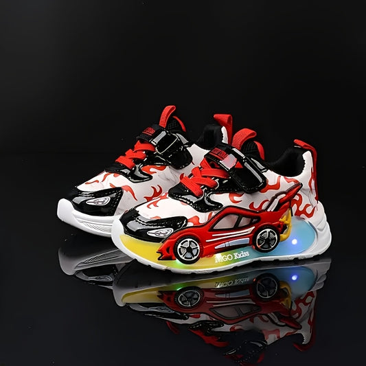 Kids LED Light-Up Shoes with Cartoon Car Design, Non-Slip PVC Sole Sports Sneakers for Boys and Girls, All-Season Casual Footwear for Ages 3-6