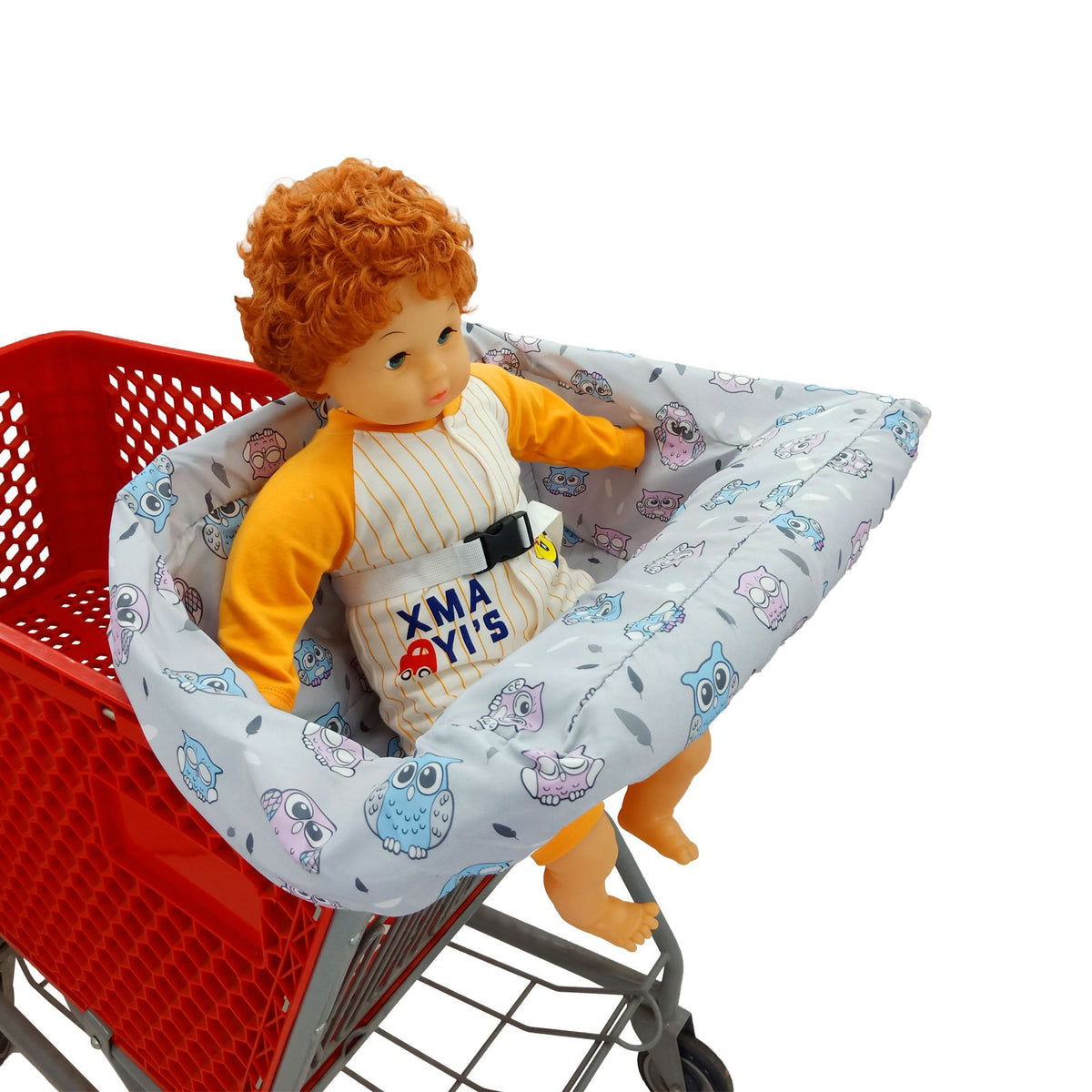 Padded Baby High Chair and Shopping Cart Seat Cover, Machine-Washable Portable Cushion with Attached Storage Bag in Grey Flower or Blue Owl