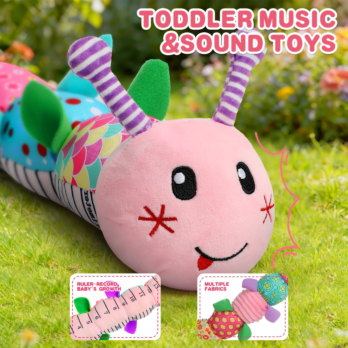 Musical Caterpillar Baby Toy, Plush Sensory Animal with Crinkle Sounds, Rattle and Colorful Textured Segments for Supervised Tummy Time Play