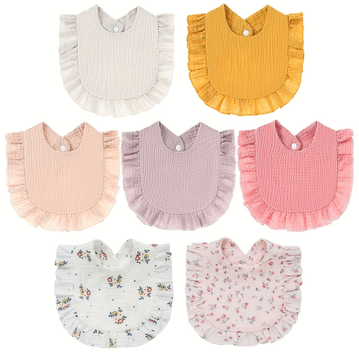 Muslin Baby Drool Bibs 7-Pack with Adjustable Snap Closure and Ruffle Trim, Soft Absorbent Feeding Bib Set in Cartoon or Mixed Pink Options
