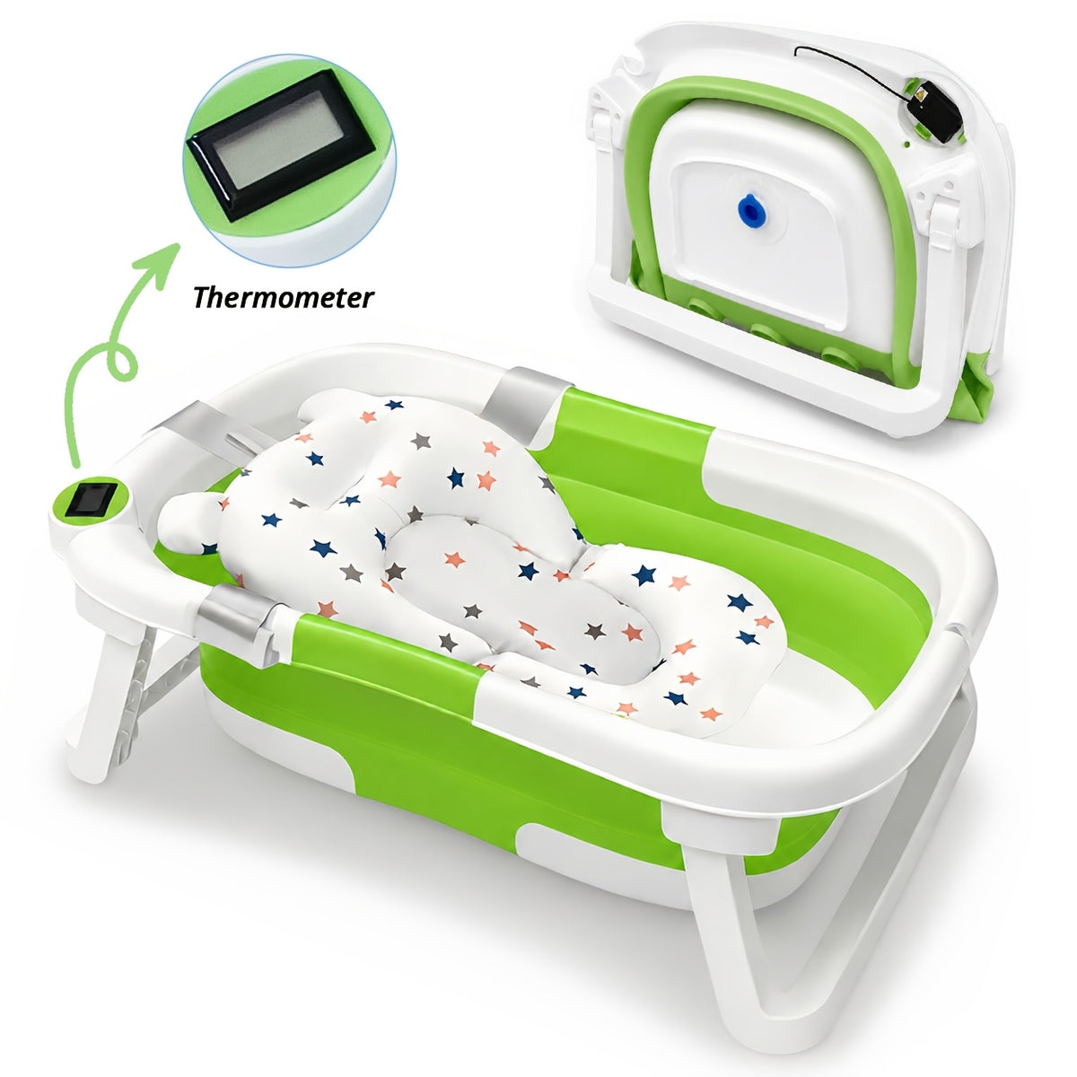 Space-Saving Baby Bath Tub with Soft Cushion and Thermometer, Foldable Portable Bathtub for Supervised Bath Time at Home and Travel