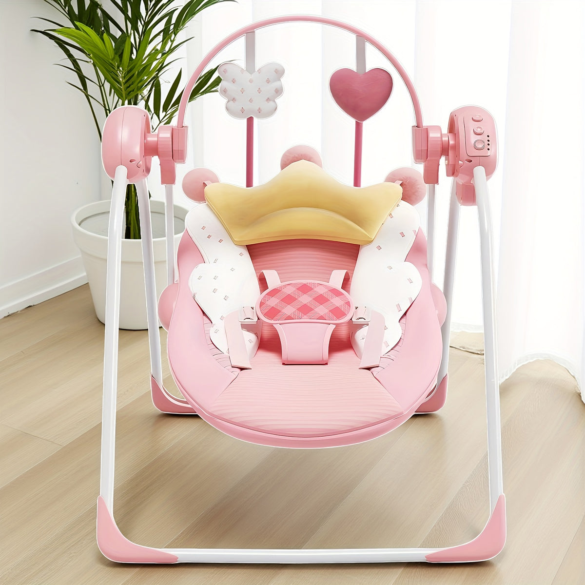 Foldable Baby Swing with Adjustable Speed and Timer, Green or Pink Infant Seat with Hanging Toy Arch for Supervised Awake Use, Up to 20 lbs