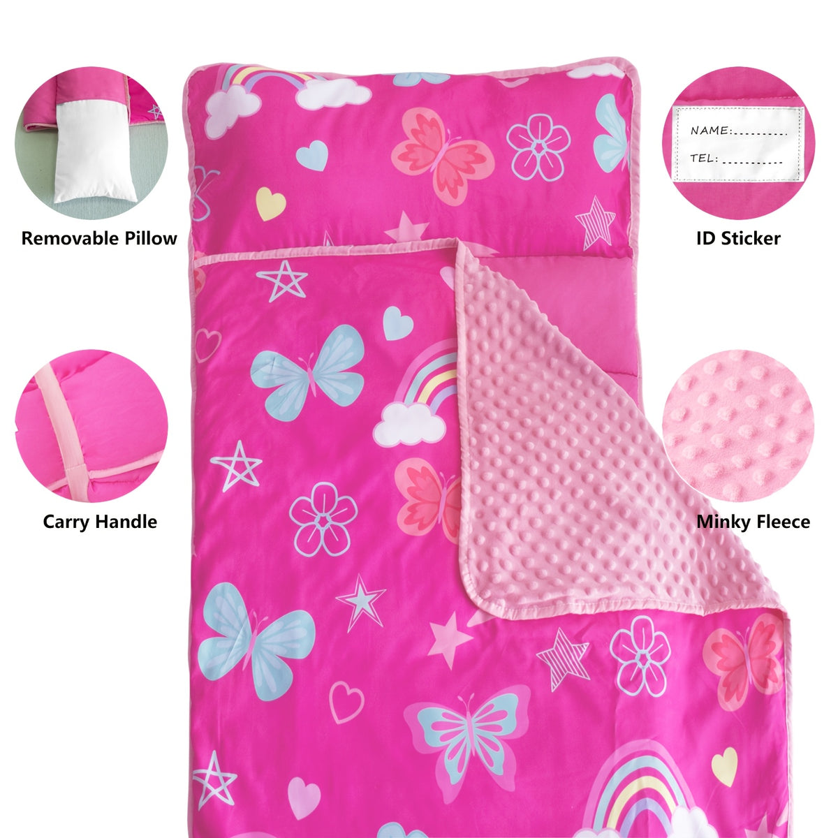 Portable Nap Mat for Preschool and Daycare by Primlect, Foldable Minky Dot Rest Mat with Built-In Pillow and Machine-Washable Design for Kids