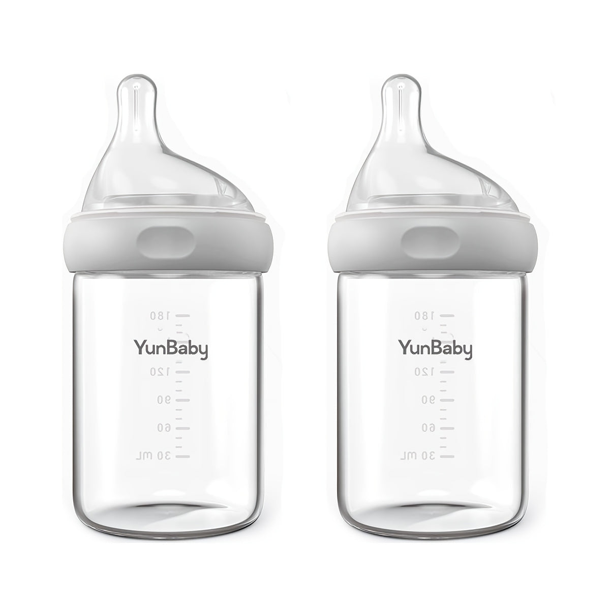 Slow Flow Glass Baby Bottles by YunBaby, 180 mL White Feeding Bottles with Listed Natural Rubber Nipples, Newborn 0+ Label and 1–6 Pack Options