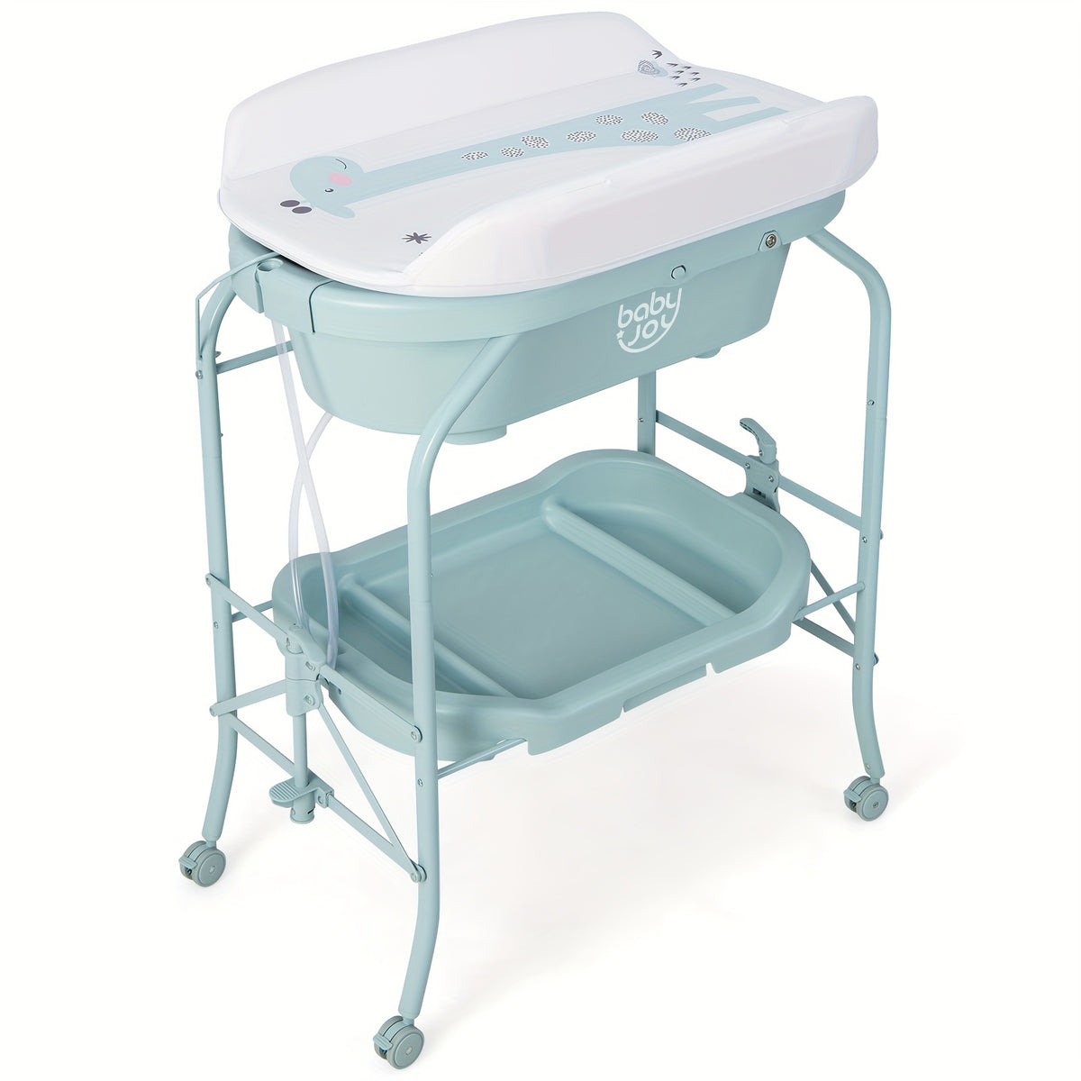 Folding Baby Changing Table with Bathtub and Wheels, Portable Diaper Station and Storage Shelf for Infants 0-12 Months, Space-Saving Rolling Nursery Cart with Weight Capacity, Blue