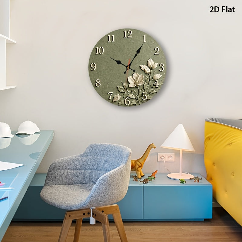Sage Green Floral Nursery Wall Clock, Silent Non-Ticking 12-Inch Round Battery-Powered Baby Room Decor for Bedroom, Playroom or Classroom