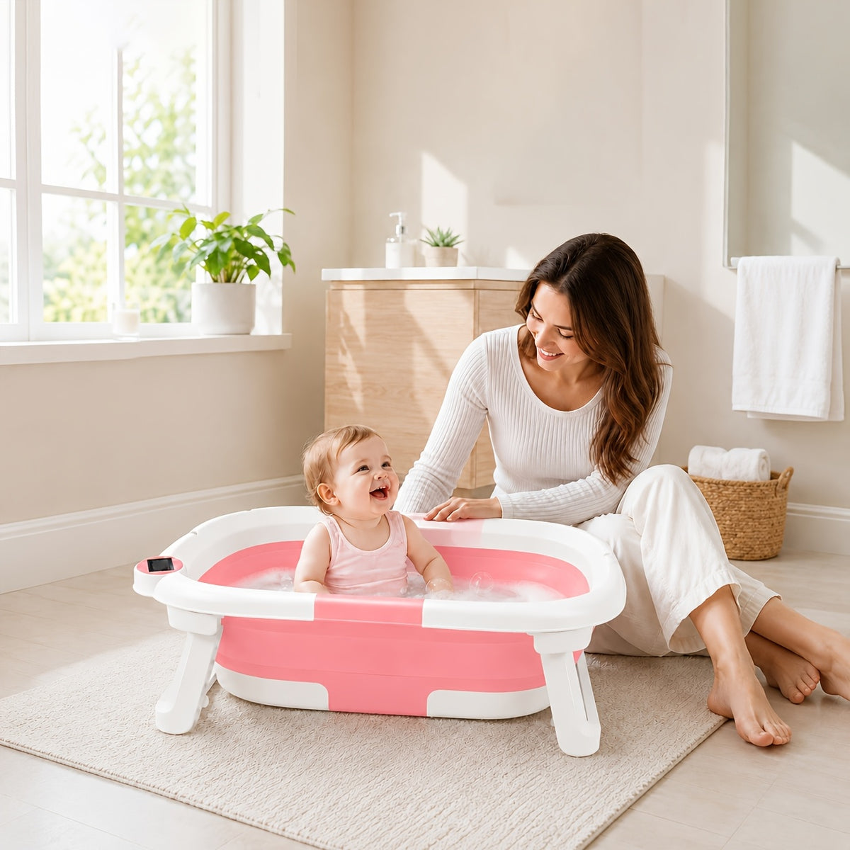 Baby Bathtub with Thermometer and Soft Cushion, Collapsible Infant-to-Toddler Bath Tub for 0 to 36 Months with Easy-Grip Handles in Five Colors