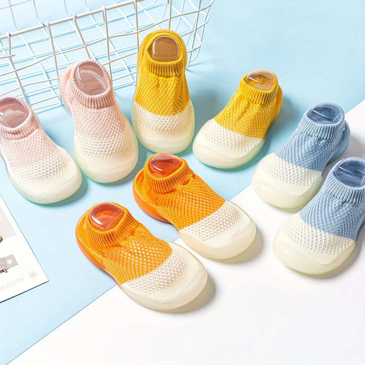 Toddler Indoor Slippers with Knit Sock-Style Upper, Machine-Washable Non-Slip House Shoes for Baby Boys and Girls in Four Colors, US Sizes 4-8