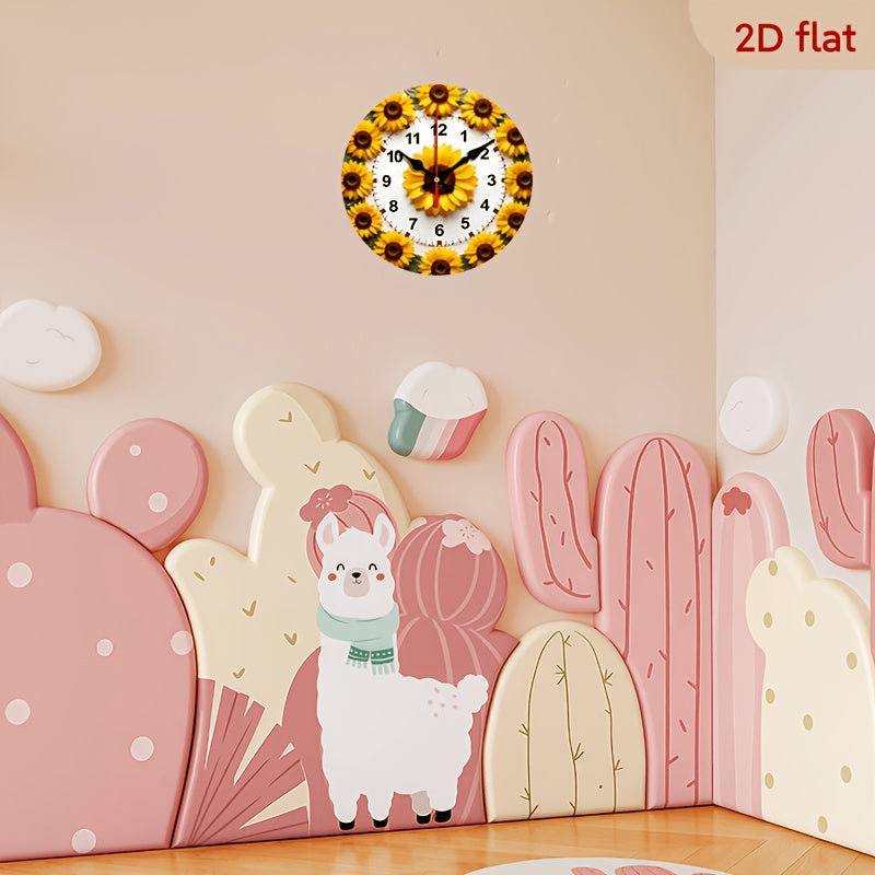 Sunflower Nursery Wall Clock, 10 x 10 Inch Silent Non-Ticking Battery Clock with Wood Frame for Baby Room, Bedroom or Playroom Decor