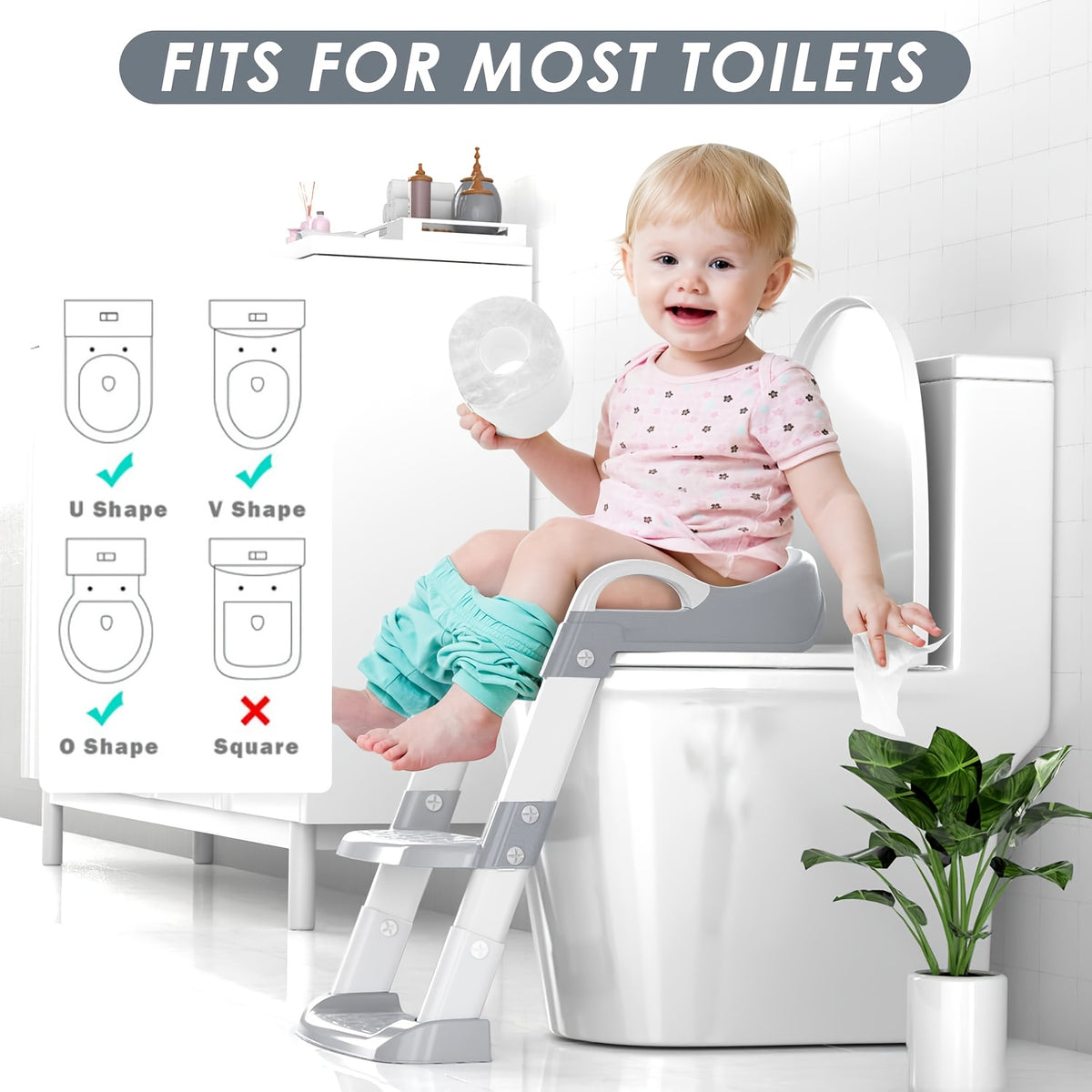 Toddler Potty Seat with Safety Harness, 3-in-1 Foldable Portable Toilet Trainer and Adjustable Step Stool for Boys and Girls