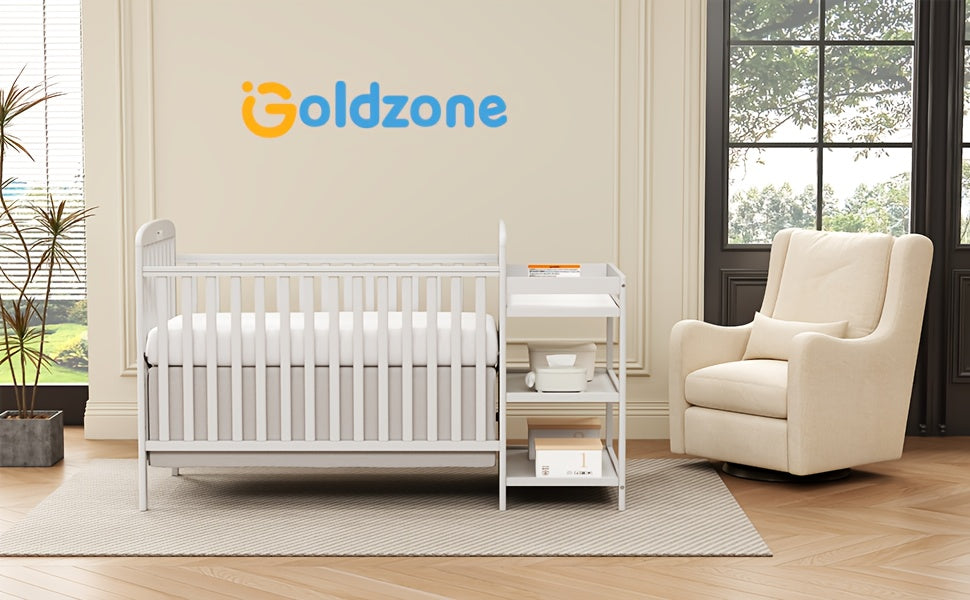 Baby Crib with Changing Table, Goldzone 4-in-1 Convertible Wooden Nursery Crib with Four Mattress Heights, Two Storage Shelves and Toddler Bed Conversion, White