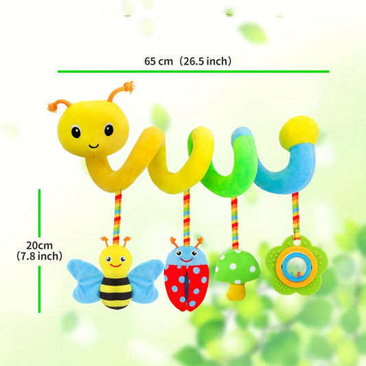 Spiral Stroller Toy for Babies with 4 Hanging Plush Pendants and Rattle Sounds, Sensory Activity Wrap for Supervised Car Seat or Stroller Outings, Colorful or Black and White