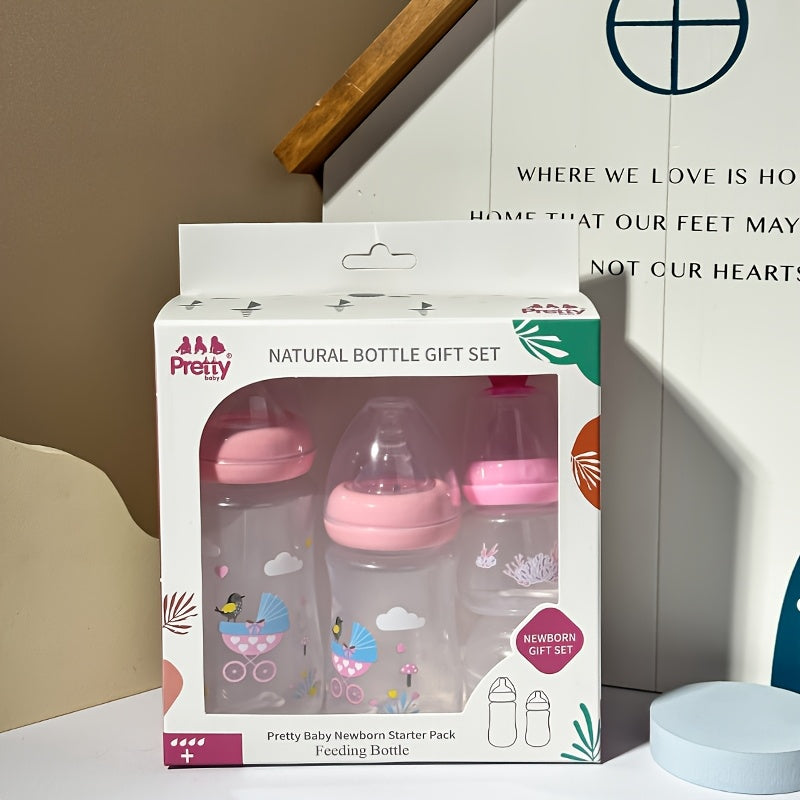 Wide Neck Baby Bottle Gift Set with Covered Feeding Bottles, Pink Green or Blue Options for Everyday Feeding and Baby Shower Gifting