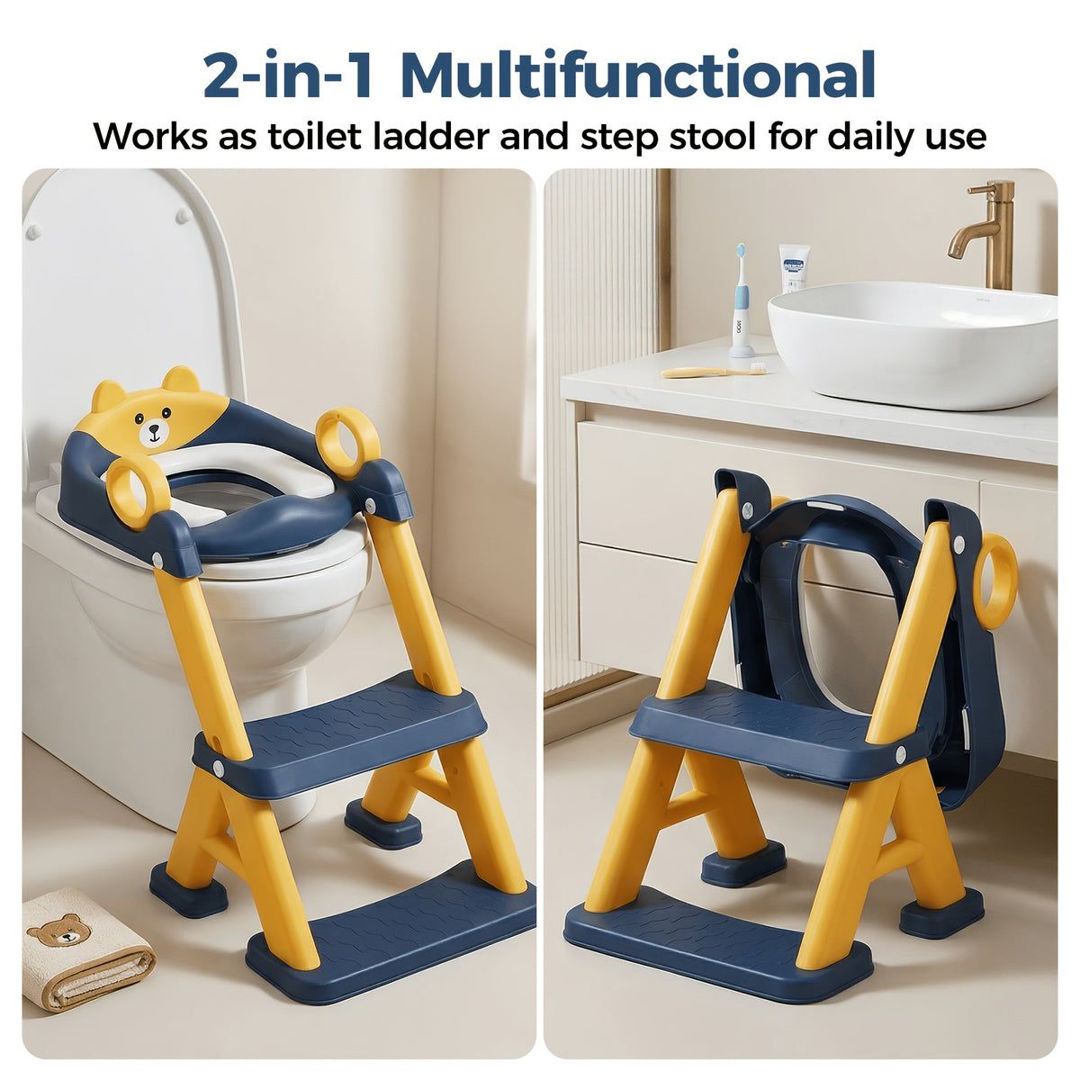 Toddler Toilet Seat with Steps, 2-in-1 Potty Training Seat with Splash Guard, Non-Slip Step Stool and Soft Mat for Boys and Girls, Cleaning Brush Included