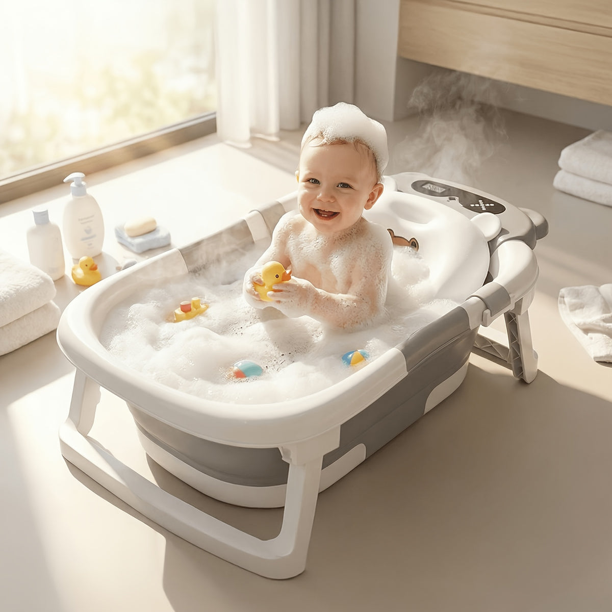 Compact Baby Bath Tub with Soft Cushion, Collapsible Infant Bathtub with Non-Slip Base for Supervised Newborn-to-Toddler Bathing, Home and Travel