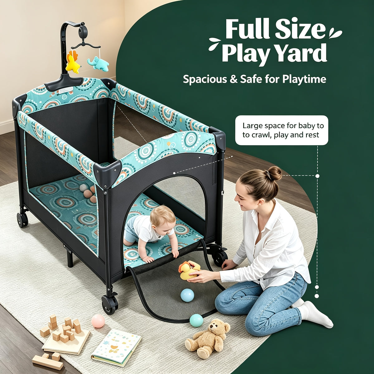 5-in-1 Pack and Play Baby Crib with Detachable Changing Table, Includes Mattress, Storage, Music, and 3 Adjustable Heights, Portable Large Playard for Newborn Baby, Supports Up to 19 Pounds