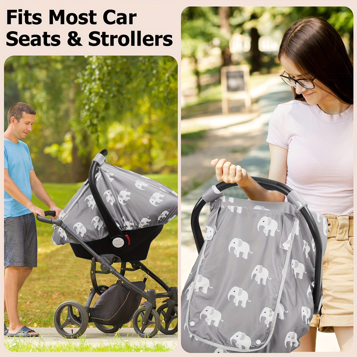 Stretchy Infant Carrier Cover with Large Window, Beavtaens Breathable Baby Car Seat Canopy in Elephant, Flower, Leaves, Rainbow or Sun Prints
