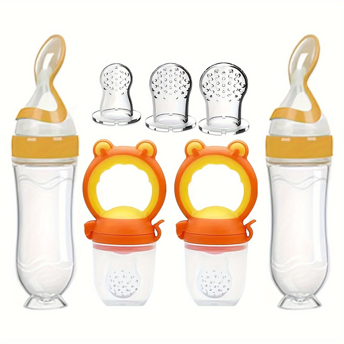 Baby Food Feeder Set, 7-Piece Silicone Squeeze Spoon Bottles and Fresh Fruit Feeders with Three Nipple Sizes for Everyday Complementary Feeding